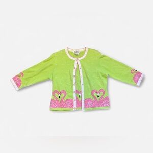 VTG Jack B Quick Green and Pink Flamingo Sequin Cardigan Size L
